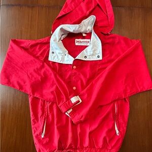 Men's M Vintage Marmot Red Hooded Windbreaker Jacket White Trim Full Zip Pockets